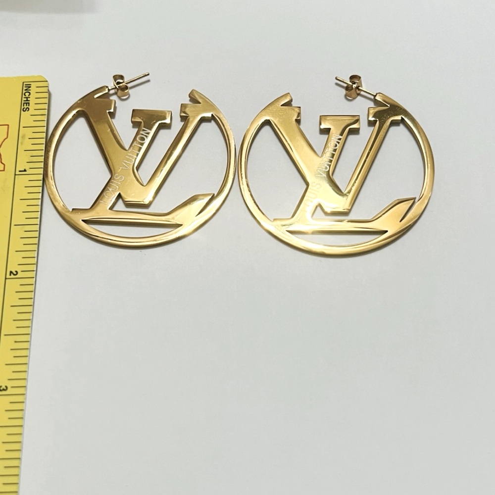 45mm/1.77 inch Gold Initial LV Hoop Earrings 1.77in close 2inch - Picture 3 of 3